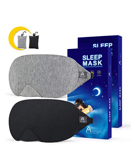 Paquete de dos antifaces de algodón para dormir Mavogel en colores gris y negro con bolsa de viaje.