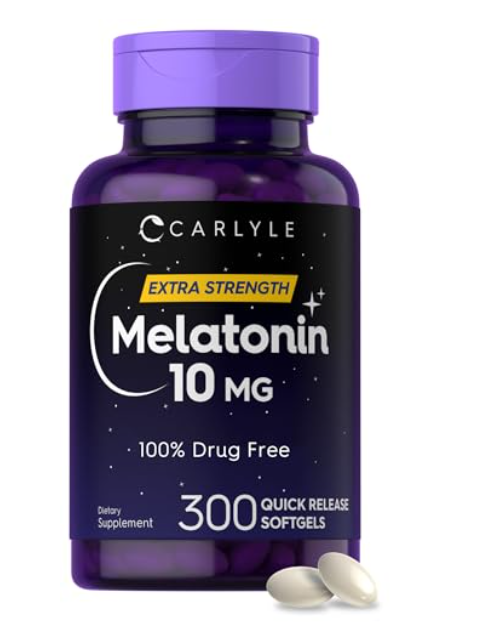 Carlyle melatonina 10 mg fuerza extra para adultos 300 capsulas blandas suplemento para el sueno sin omg y sin gluten