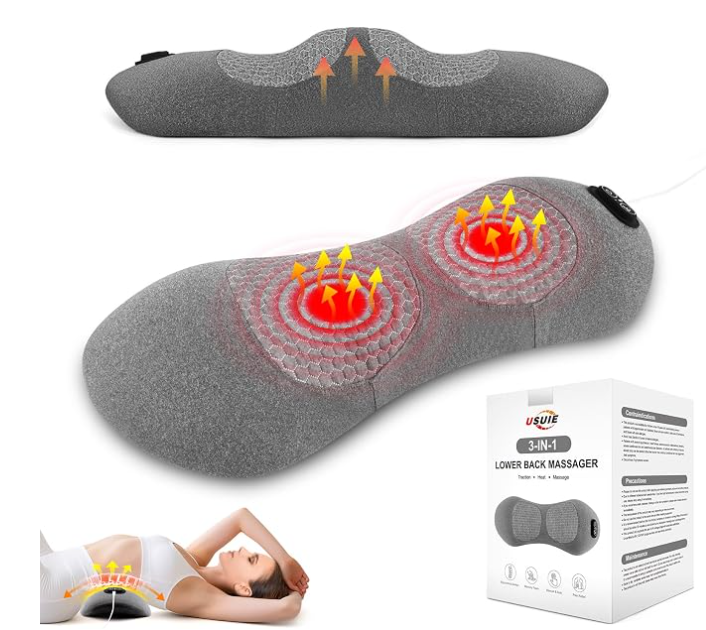 Cojín de soporte lumbar eléctrico USUIE de color gris con gráficos que muestran zonas de calor en rojo, flechas de elevación para tracción y una mujer recostada utilizándolo para aliviar el dolor de espalda baja.