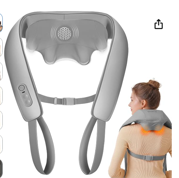 Masajeador de cuello y hombros KNQZE de color gris con correas ajustables y vista de una mujer usándolo con función de calor activada.