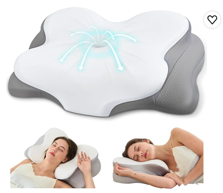 Almohada ortopédica y cervical ajustable Fyova, mostrando su forma ergonómica para alinear la columna y el cuello al dormir de lado o boca arriba.