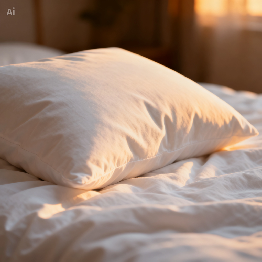 una imagen limpia, puramente de estilo de vida, que evoque comodidad absoluta. Por ejemplo: un primer plano de sábanas blancas impecables y mullidas, o una almohada suave con una luz de tarde relajante.