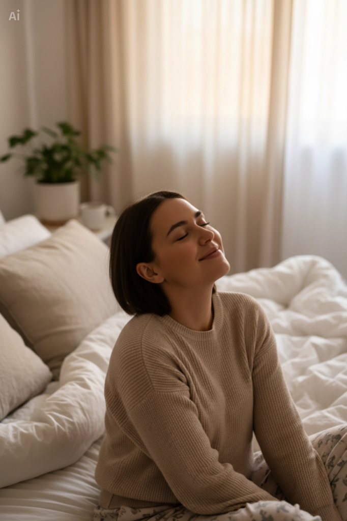 Un primer plano de una persona (o una pareja joven y relajada) en su dormitorio, con ropa cómoda de descanso. Tienen una expresión de profunda paz, alivio y felicidad genuina en el rostro, mirando ligeramente hacia la cámara con una sonrisa tranquila. Detalles del entorno: Al fondo, una cama perfectamente tendida con sábanas limpias y esponjosas, luz natural suave entrando por una ventana difuminada. La atmósfera debe transmitir de inmediato los conceptos de "alivio del estrés", "sueño reparador" y "bienestar en el hogar". Sin elementos distractores, enfoque nítido en las expresiones de descanso y satisfacción.