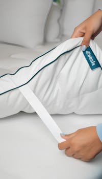 Hands adjusting a pillow with eco-friendly label in a home setting.
