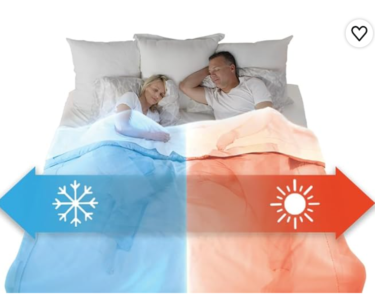 Sistema de climatización BedJet instalado junto a una cama con edredón moderno, mostrando el flujo de aire para refrigeración y calefacción en el dormitorio.